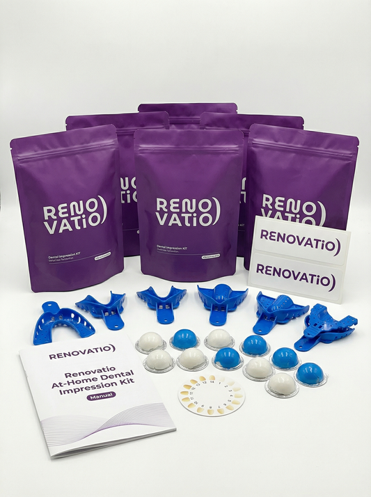 Renovatio Labs dental impression kit with purple bags, blue trays, and white trays on a white background