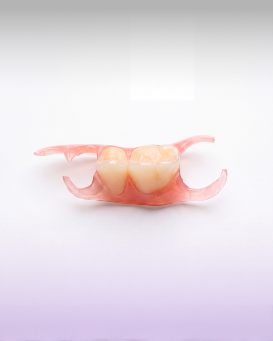 A dental implant bridge or partial denture appliance with two artificial teeth set in gum-colored thermoplastic resin, shown on a white to light purple gradient background.