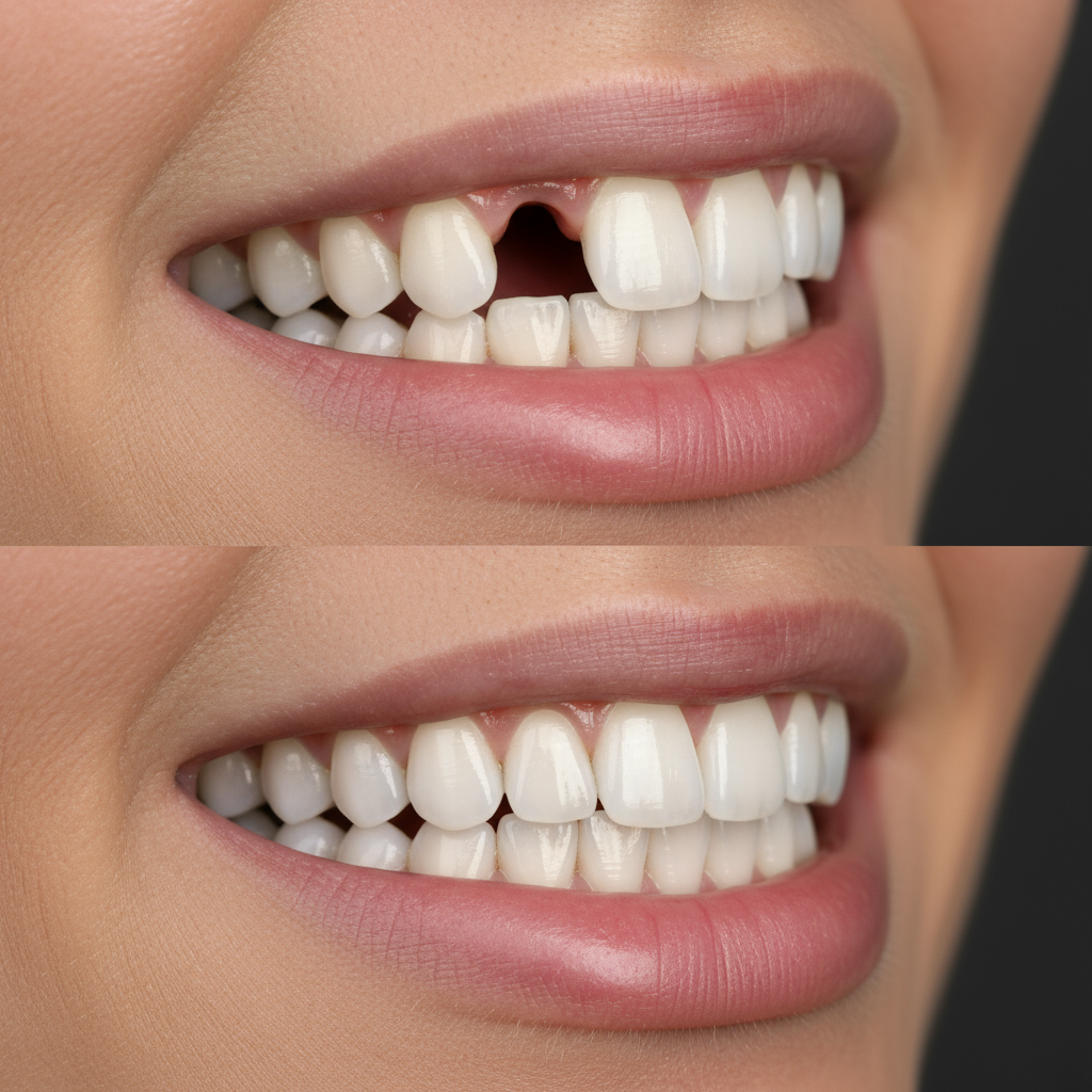Close-up of a person's mouth with and without dental flipper