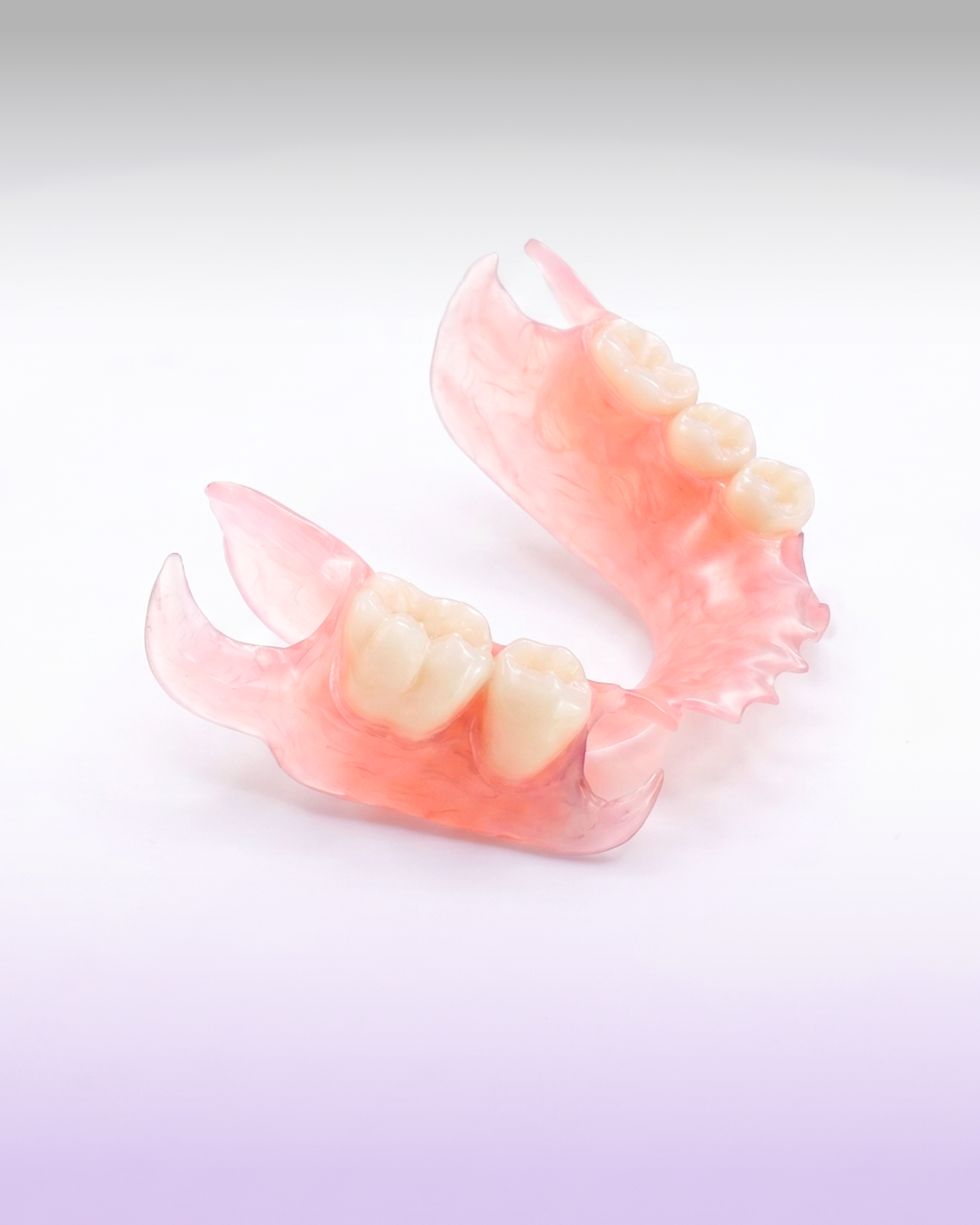 A dental partial denture appliance with pink translucent gums and cream-colored artificial teeth, photographed on a clean white-to-lavender gradient background.