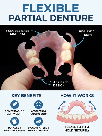 Flexible partial denture with labeled parts and key benefits on a black background