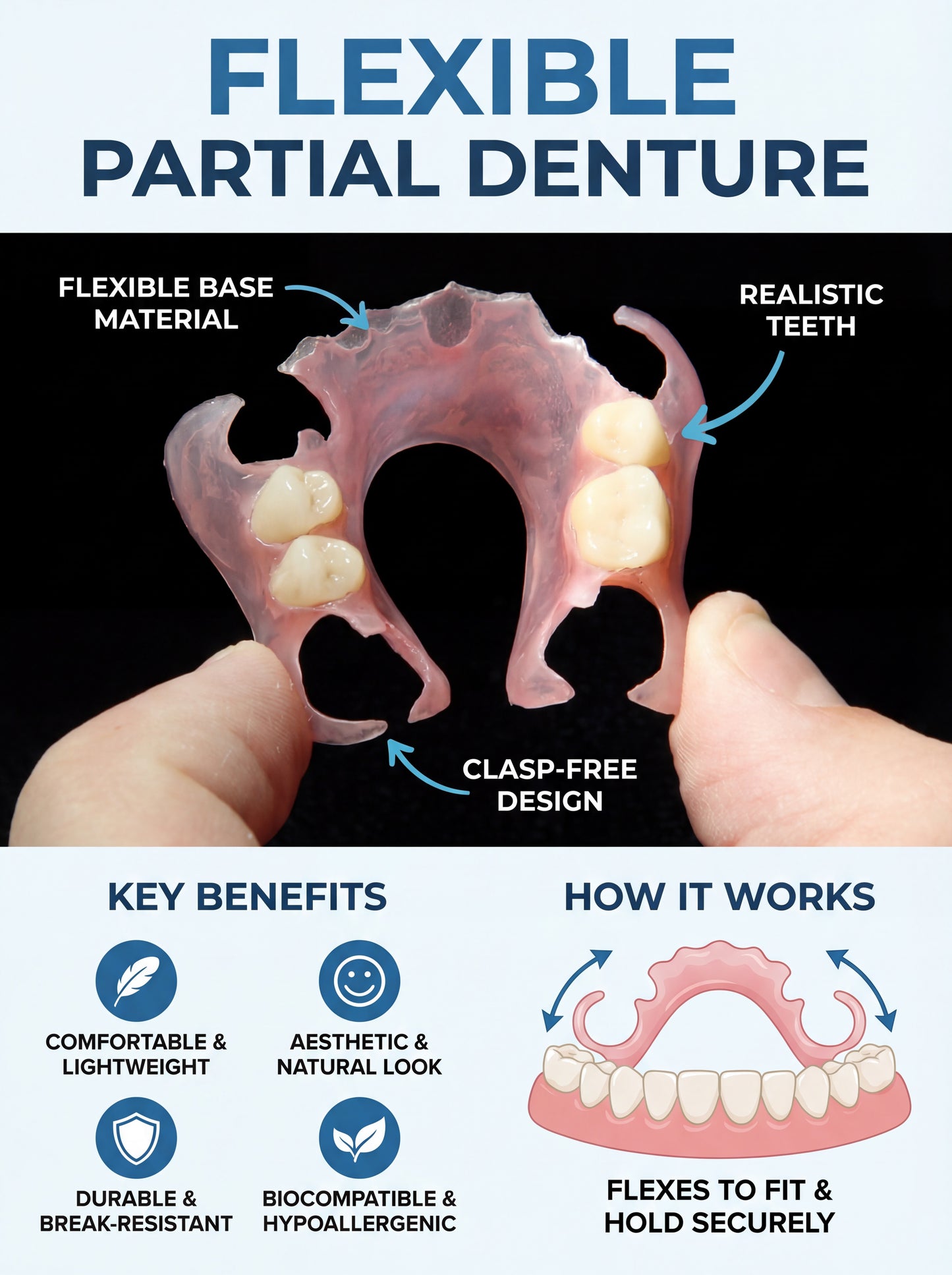 Flexible partial denture with labeled parts and key benefits on a black background