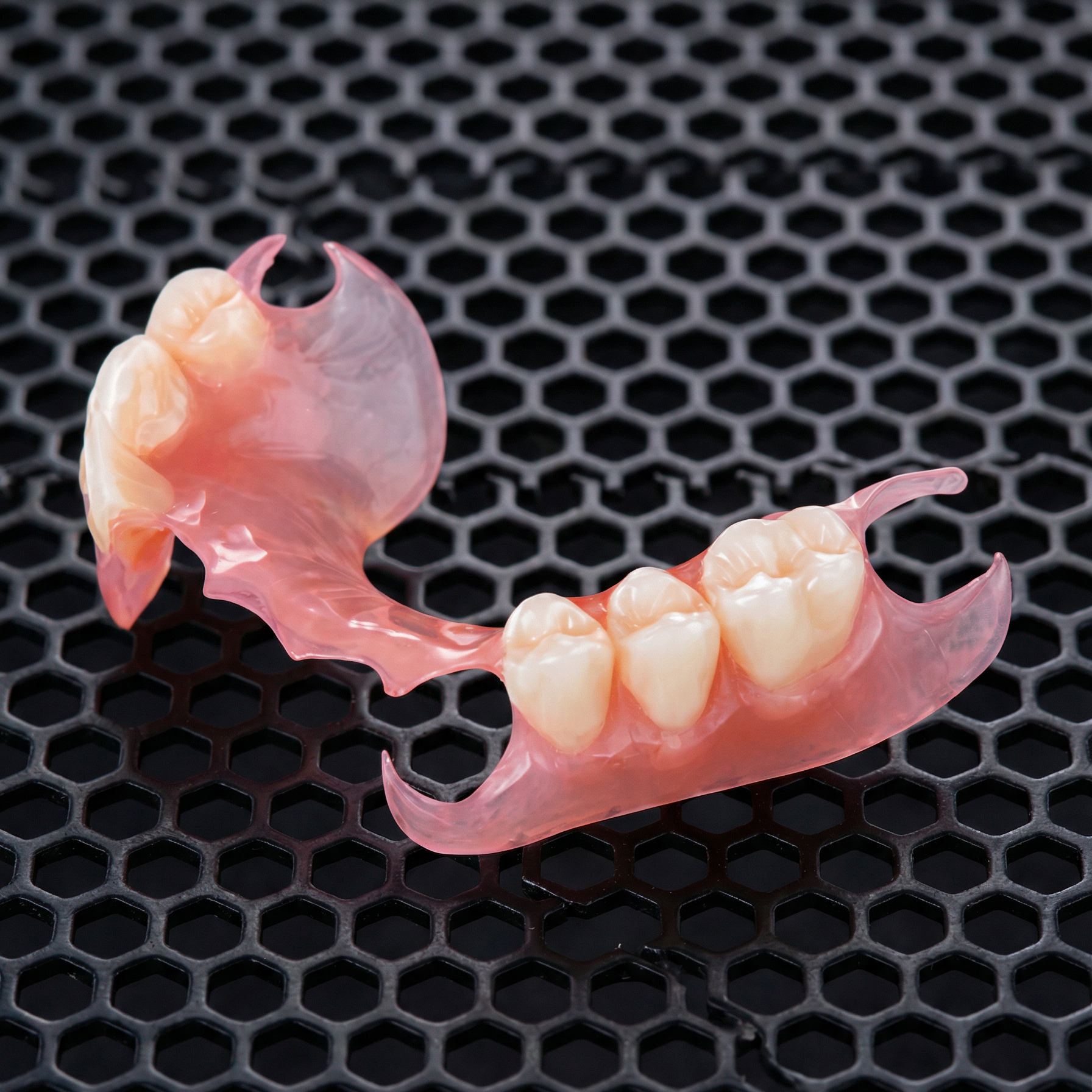 Flexible partial denture on a black honeycomb background