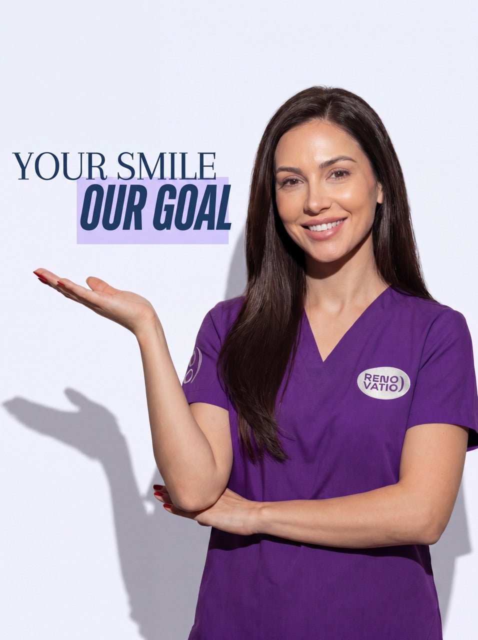 Woman in purple scrubs with Renovatio Labs logo, holding an open palm against a light background with 'Your Smile Our Goal' text.
