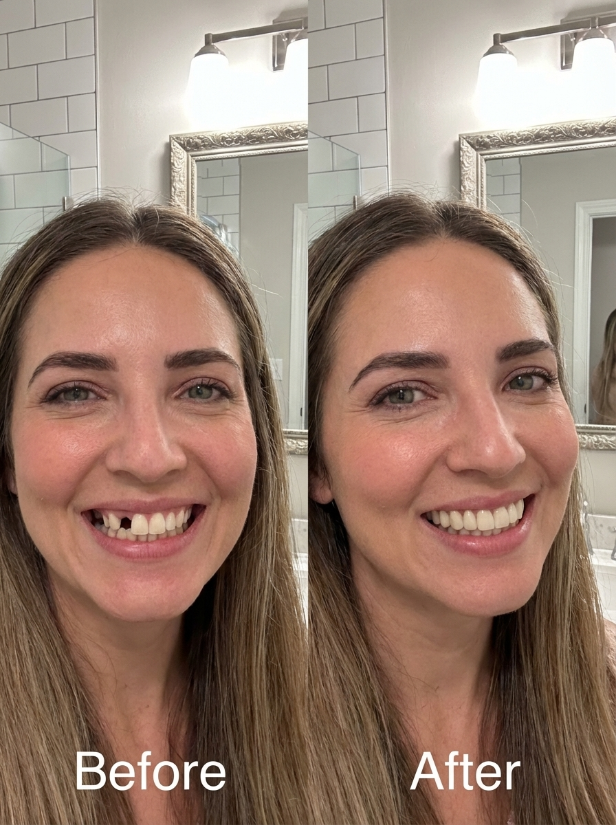 Before and after comparison of a woman with missing tooth in a bathroom setting.