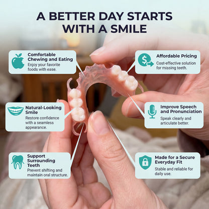 Flexible Partial denture being held with text highlighting benefits