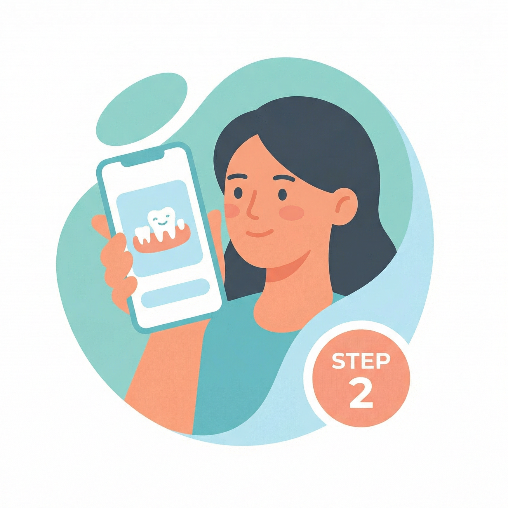 Illustration of a person holding a phone with a tooth icon, labeled 'Step 2'.